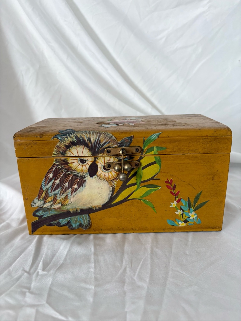 Vintage 60s owl wooden chest box jewelry storage decoupage home decor midcentury